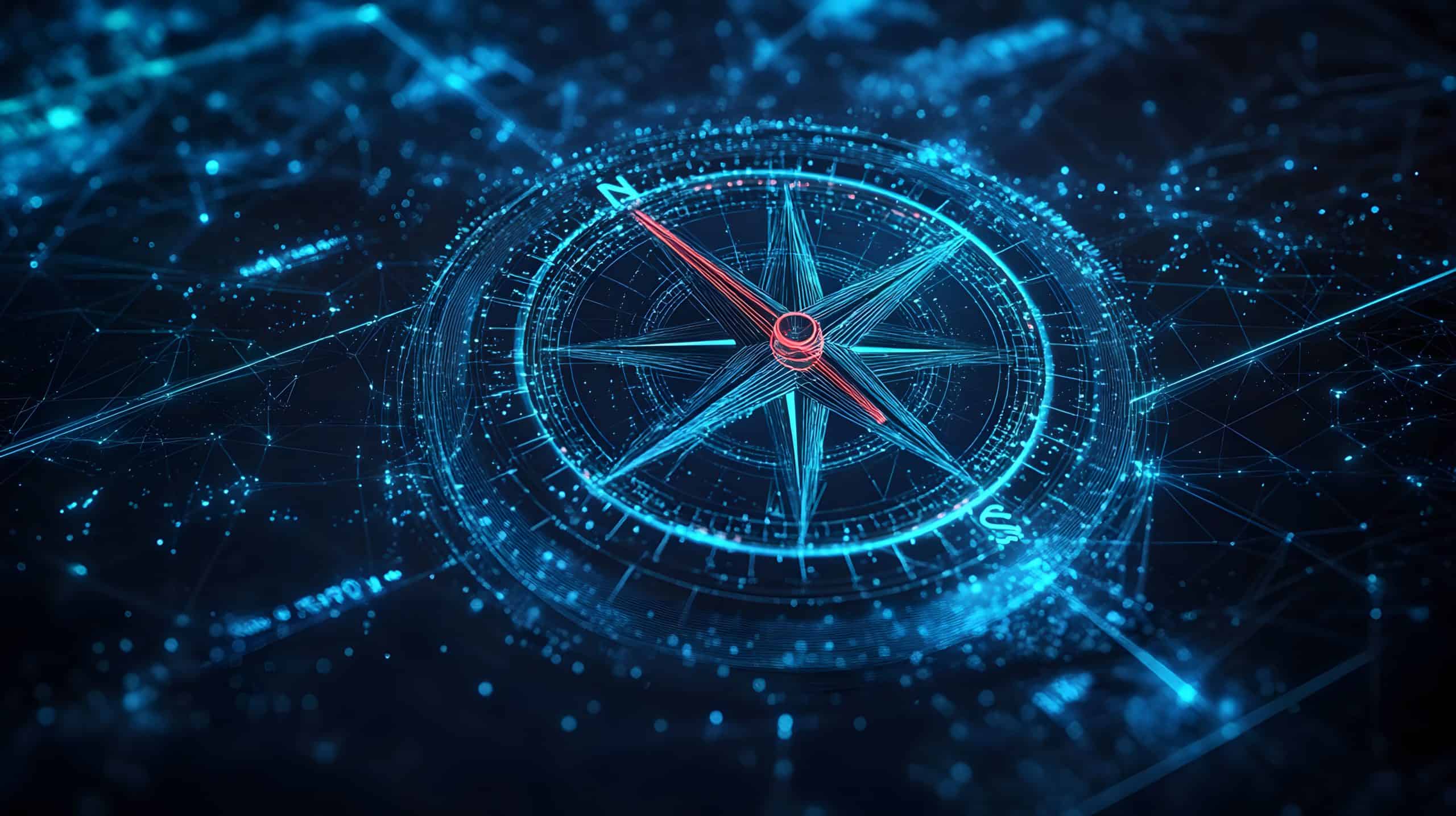 Goal compass success digital technology Business strategy achievement Compass wireframe in low poly Aiming for the target on a blue dark background Modern illustration digital fantasy