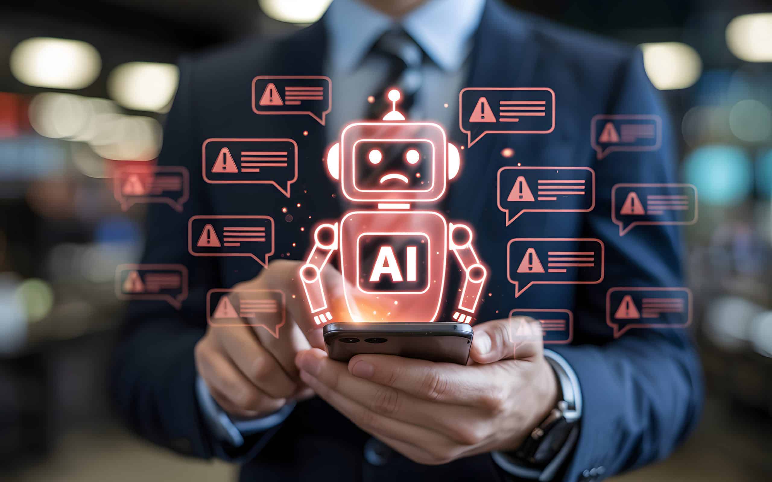 Businessman holding smartphone with sad AI robot hologram and warning notifications