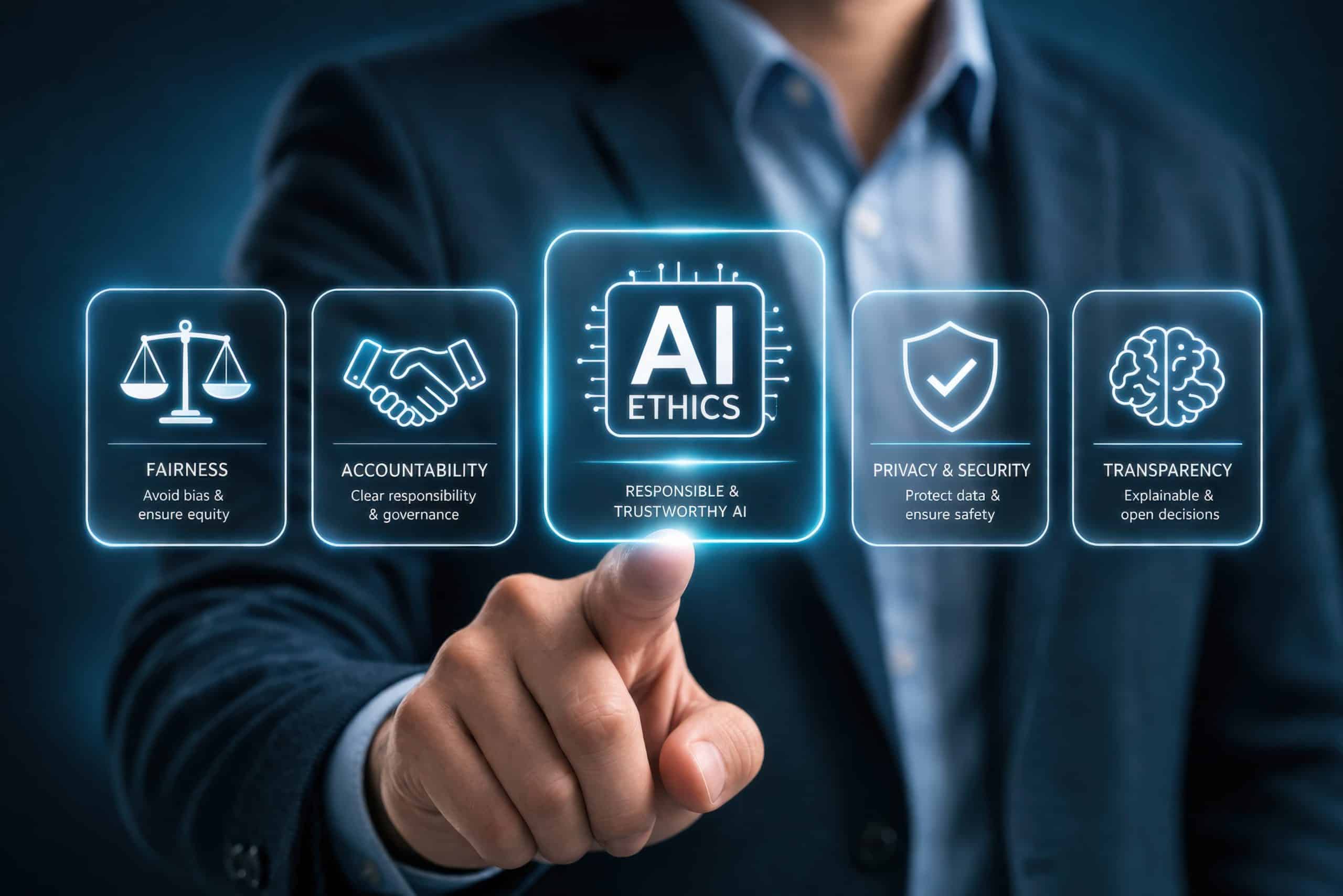 AI ethics framework showing fairness accountability privacy transparency and responsible AI principles