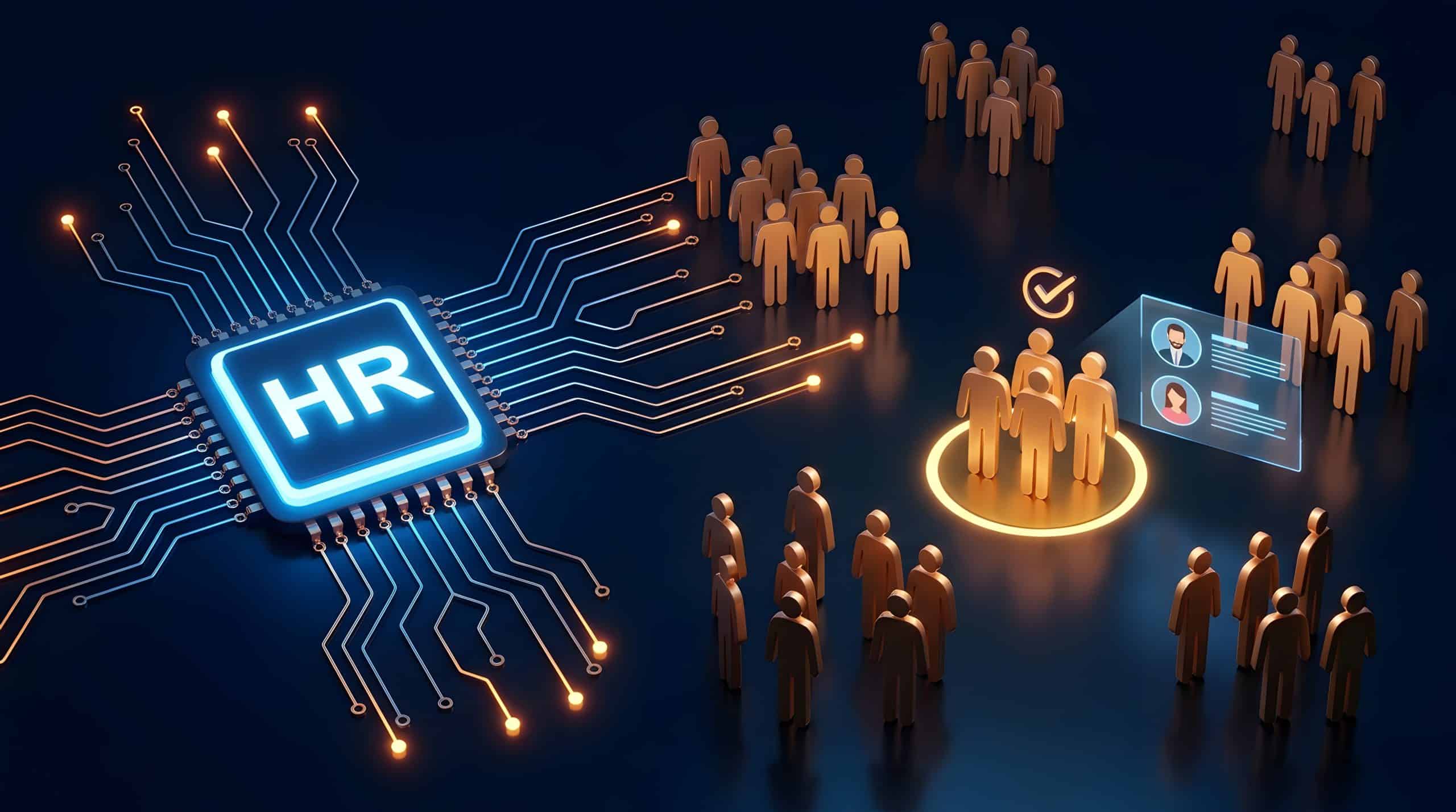 Digital HR technology processing human resources data and managing employee profiles with a futuristic circuit board and people icons